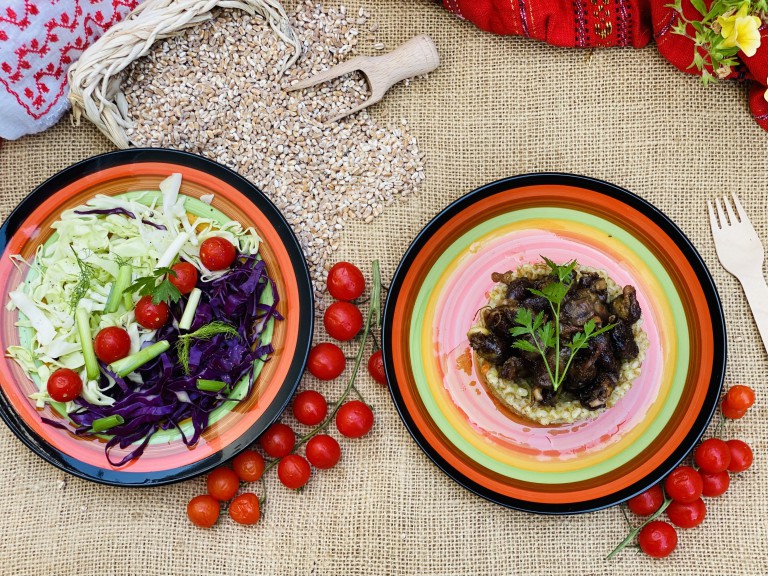Pilaf ( risotto ) din arpacas si praz cu pipote si inimi la tigaie